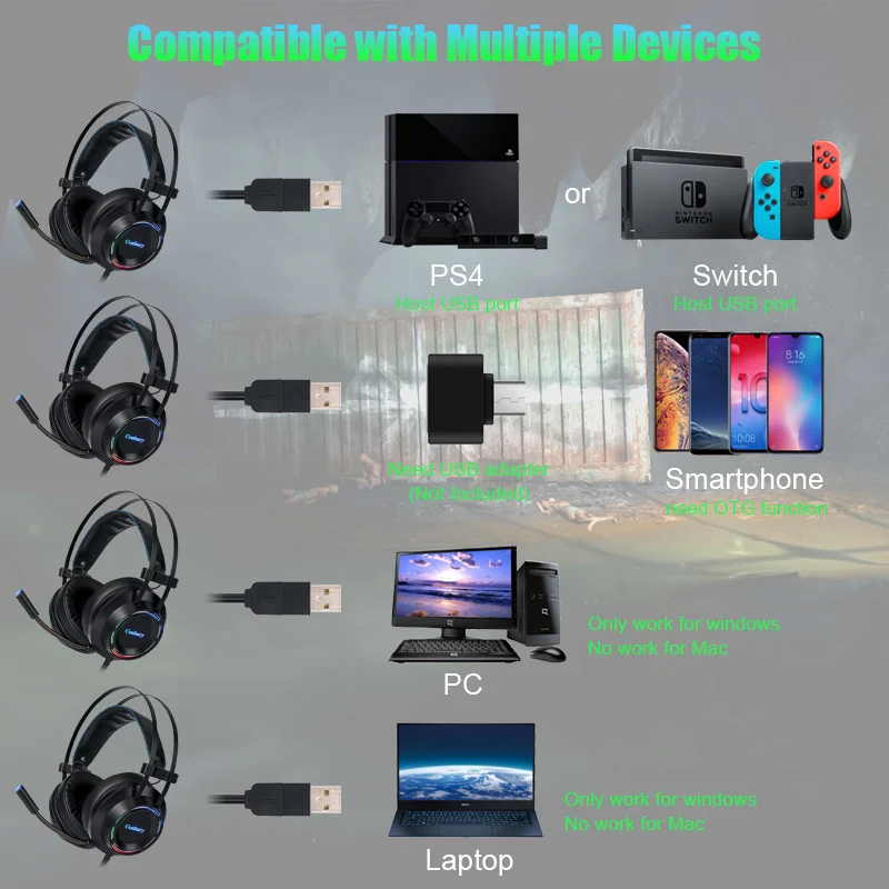 cosbary gaming headset with microphone usb wired headphone virtual 7 1 surround sound gamer headphones for pc computer laptop free global shipping