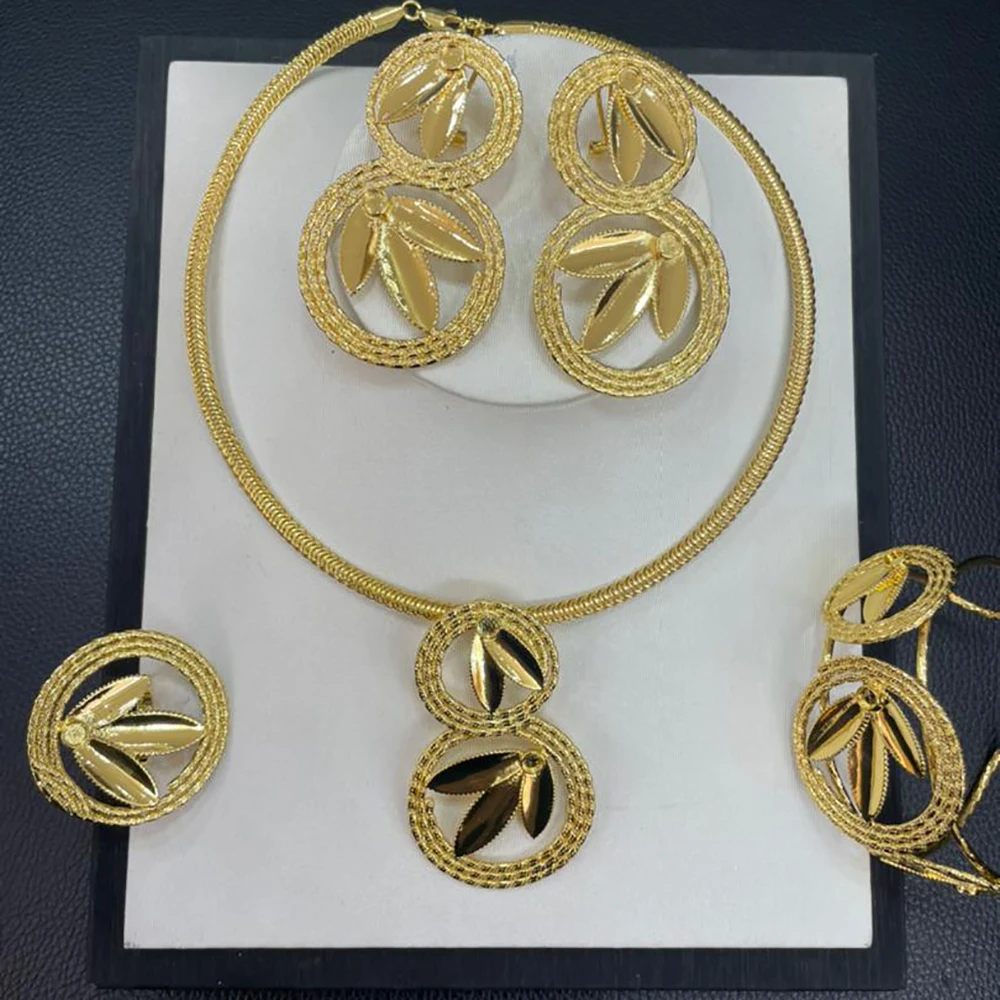 

18k Gold Plated Jewelry Set Women 5 Piece Wedding Party Dubai Nigeria Jewelry Set Wholesale Free Shipping