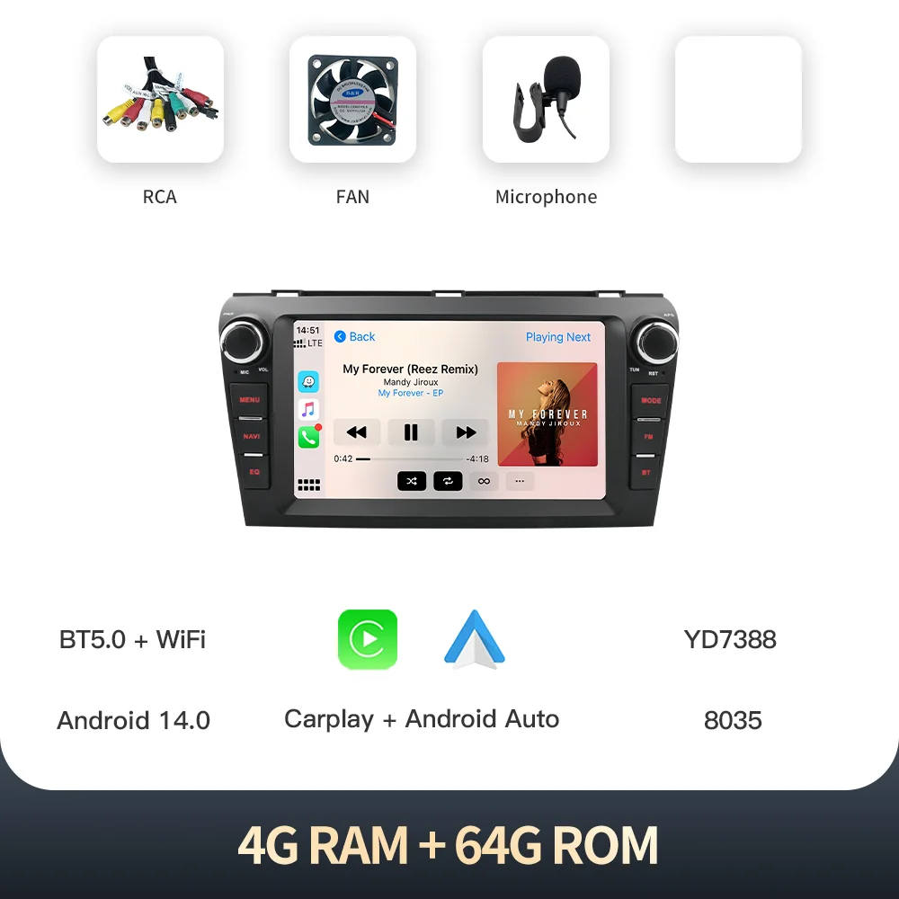 

Kingchange Android 14 8 "2 Din автомобильное мультимедийное радио для Mazda 3 2004-2009 Carplay Auto Wi-Fi GPS 360 камера BT Navi SWC DSP RDS