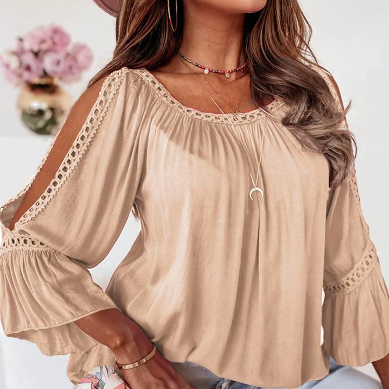 

Female O Neck Solid Color Loose Shirts Summer Embroidery Hollow Out Chiffon Tops Fashion Casual Butterfly Sleeve Office Pullover