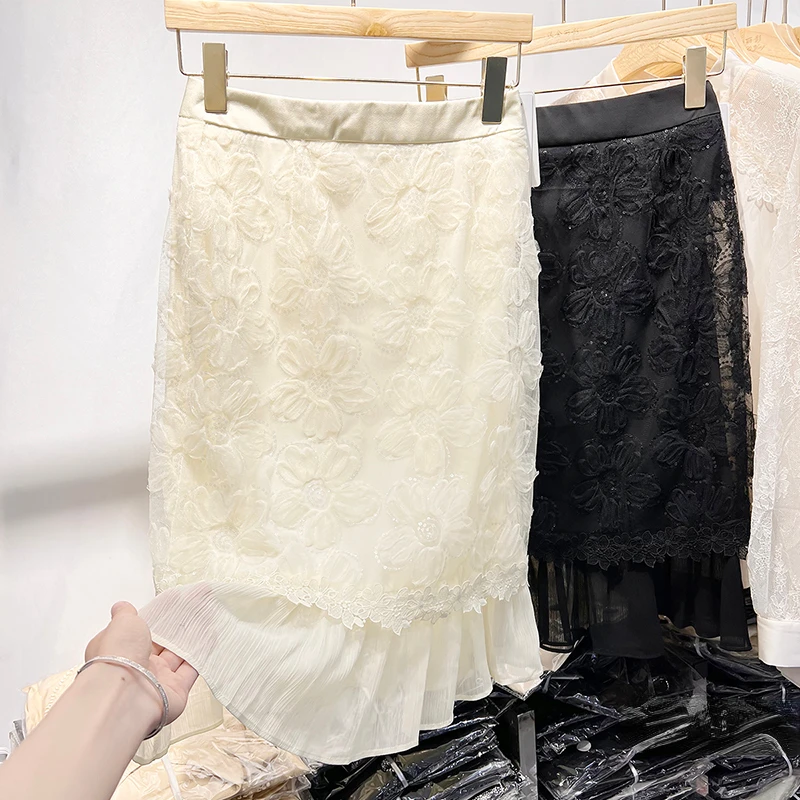 

Sequined Skirts for Women This Year Autumn New Korean Slim-Fit Beaded Three-Dimensional Flower Stitching High Waist Lace Skirt