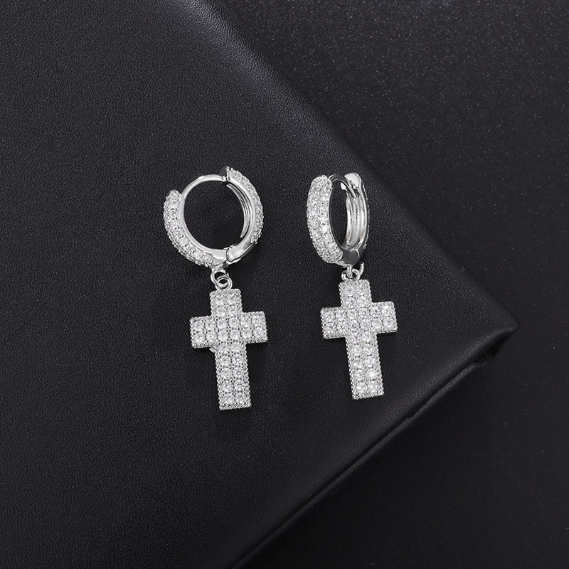 

Fashion New Ice Out Zircon Cross Dangle Hoop Earrings Men Women Hip Hop Rock Street Accessories Earrings