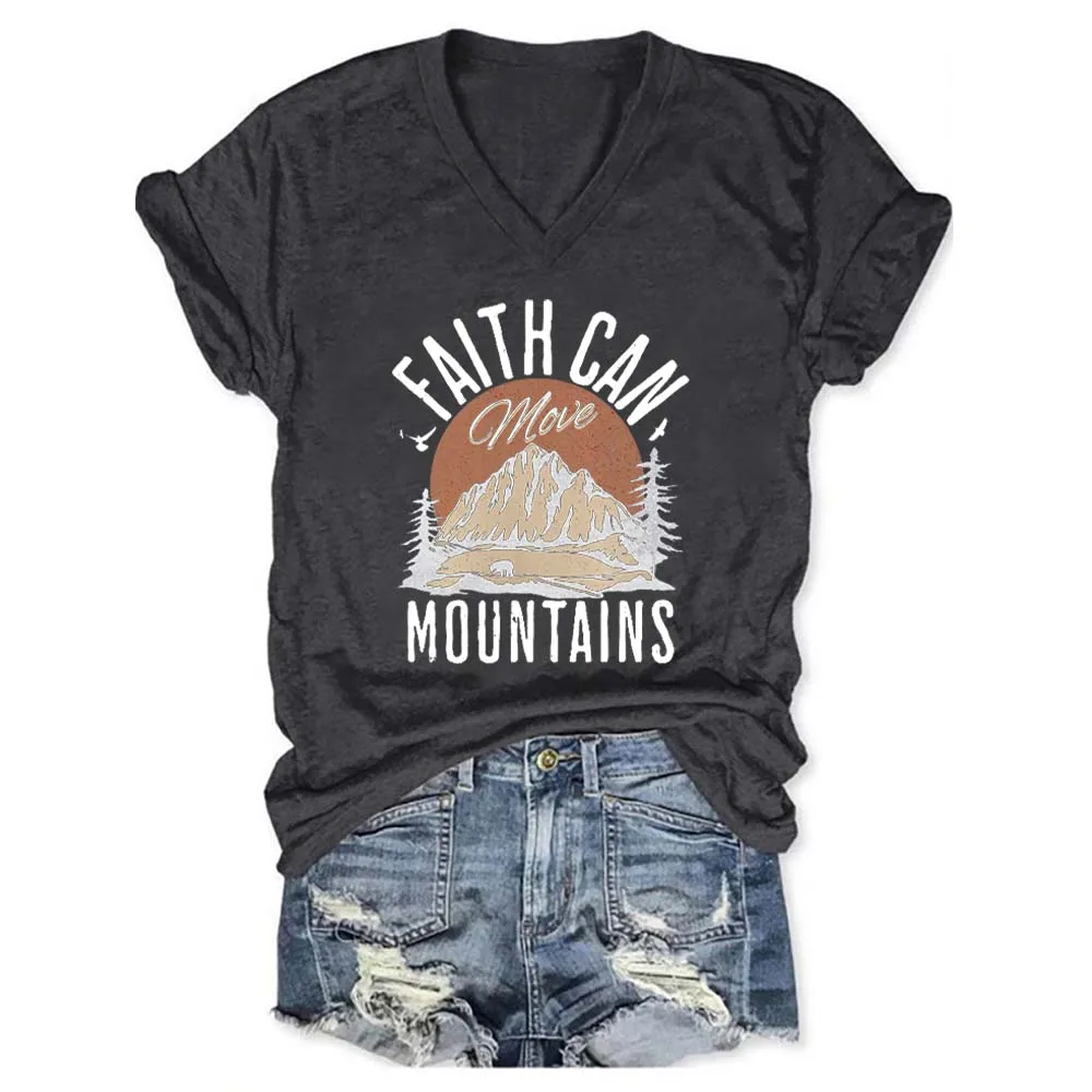 

Rheaclots Women's Faith Can Move Mountains Printed V-neck Short Sleeve T-Shirt