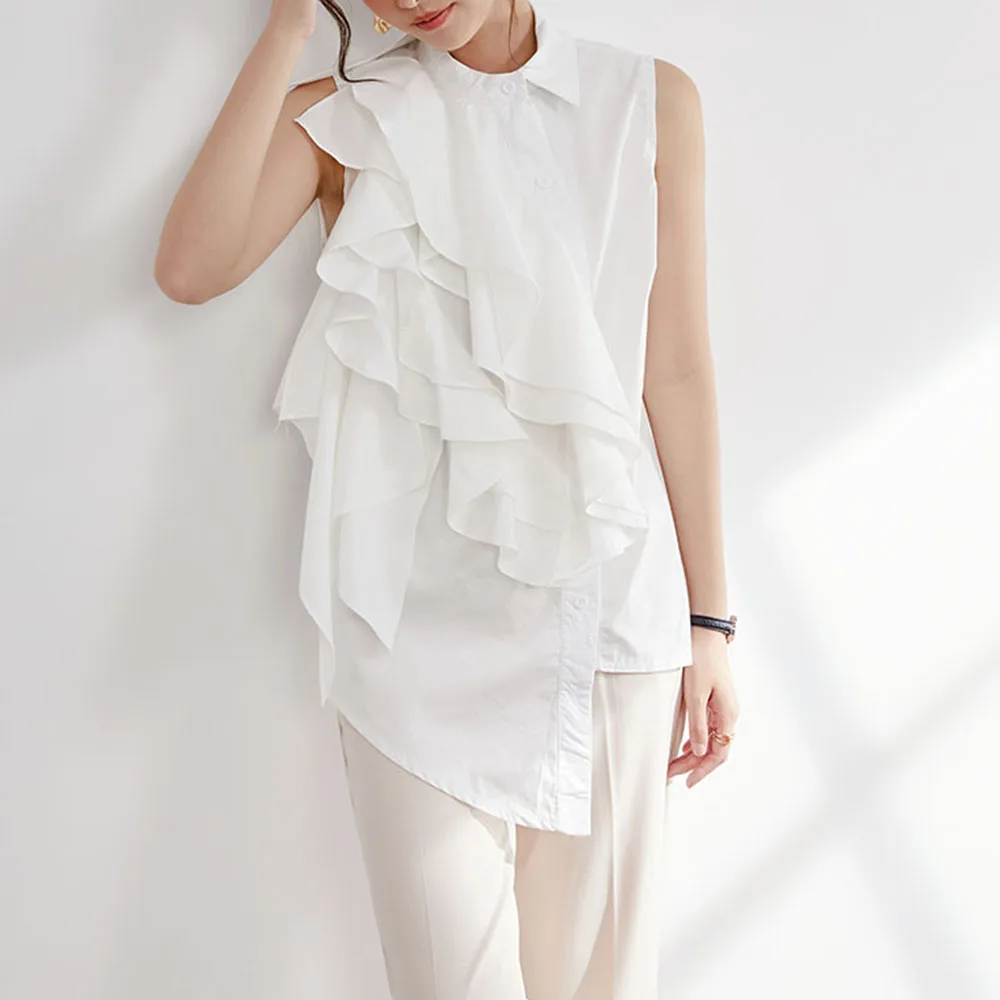 

2022 Spring And Summer New Women's Blouse Black And White Patchwork Embroidery Ruffled Short Sleeved Shirt Loose Top Fashion Lad