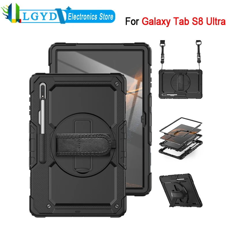 

For Samsung Galaxy Tab S8 Ultra 14.6 inch SM-X900 Silicone + PC Tablet 3-layer Protective Case with 360 Rotatable Kickstand