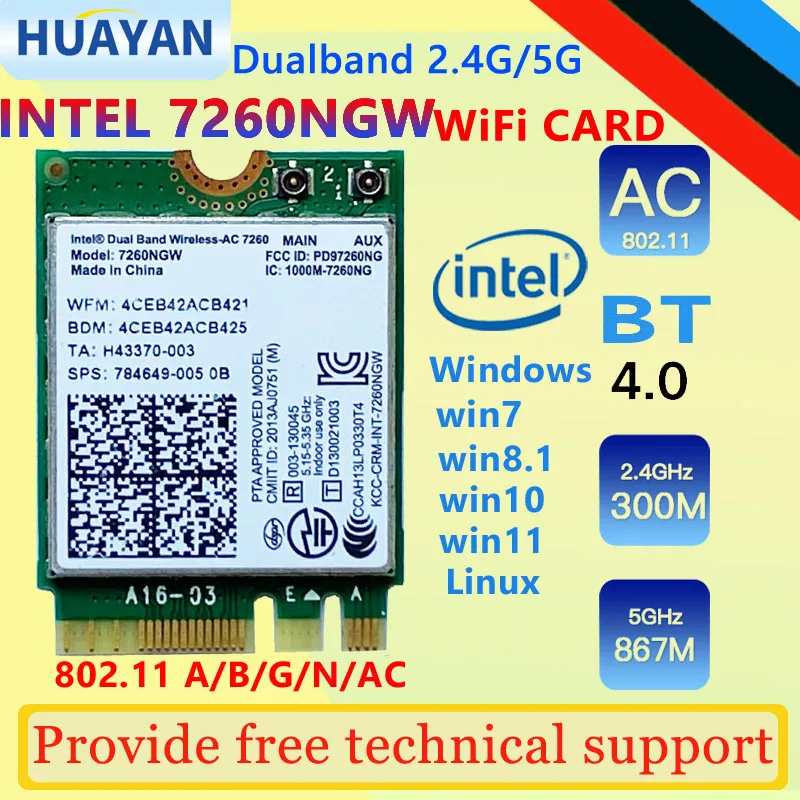 OriginalIntel sem fio 7260ac-ac 7260 7260ngw dual band ngff m.2 802.11ac wi-fi 867mbps + bluetooth4.0 bt placa de rede wifi wlan