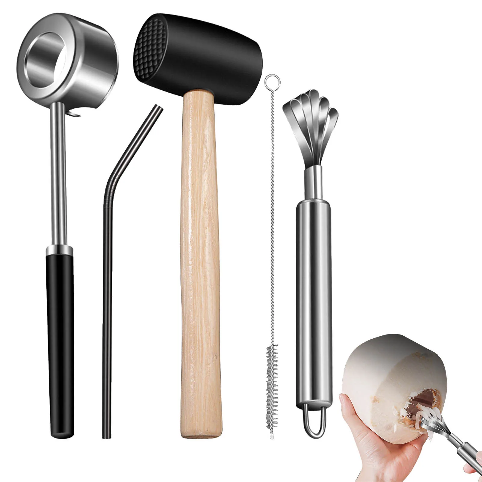 Coconut Opener Tool Set Coconut Puncher Tool Stainless Steel Coconut Meat Removal Tool Food Grade Stainless Steel Rubber Hammer
