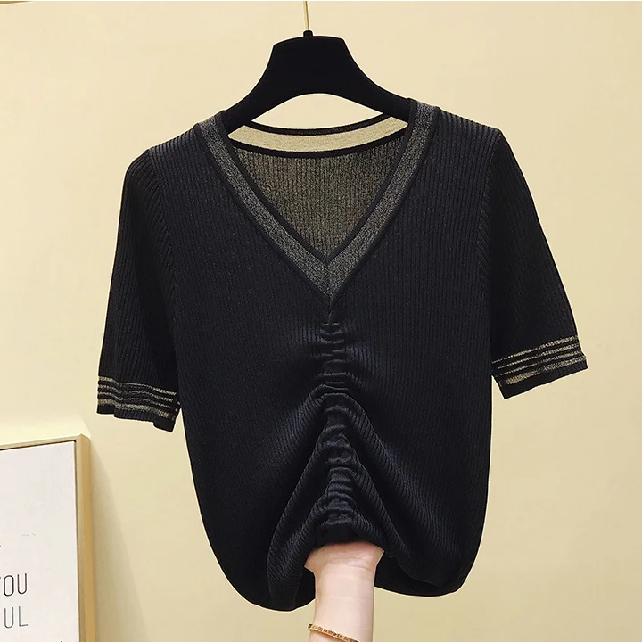 

Women 2022 Summer Thin Ice Silk Short Sleeve V-neck T-shirt Female Slim Knitted Tees Fashion Ladies Casual Basic Tee Shirts R75