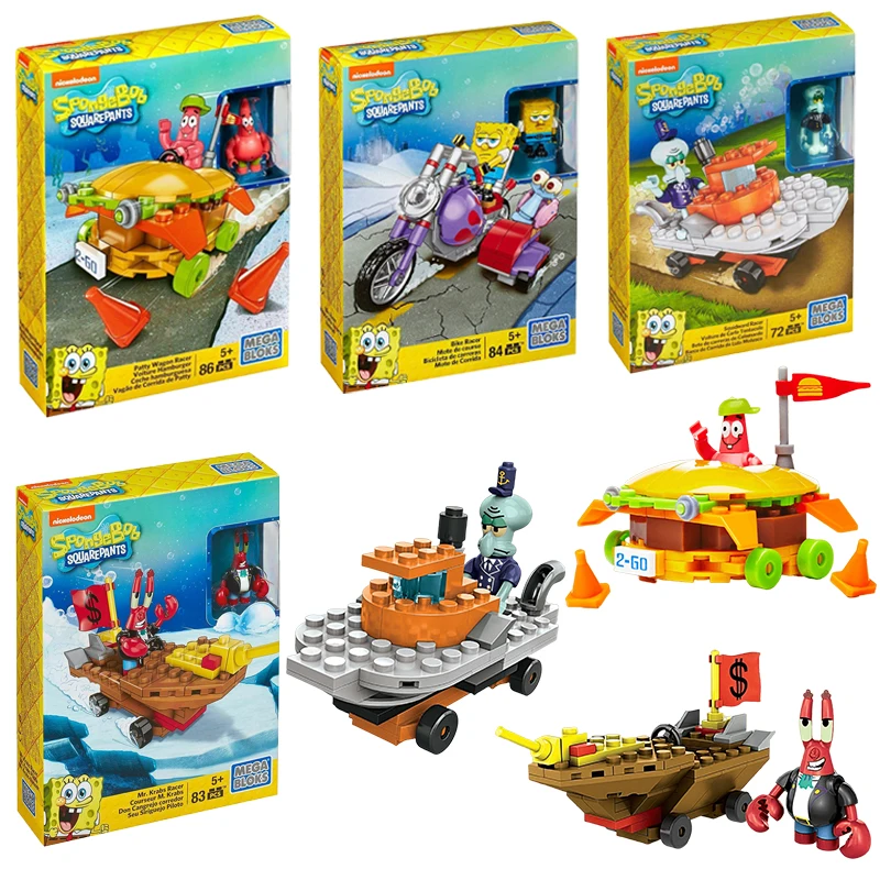 Mega Bloks, губка, квадратные штаны, маленькие частицы, Mr Krabs, сквирд, гонщик, аниме, мультфильм, сборные строительные блоки, игрушки для мальчиков, подарки