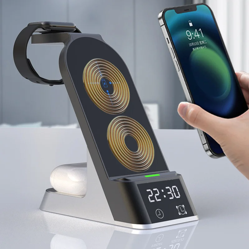 

Multi-function Alarm Clock LED Table Lamp 15W Wireless Charger Stand for iPhone 13 Apple Watch Airpods PD Fast Charging