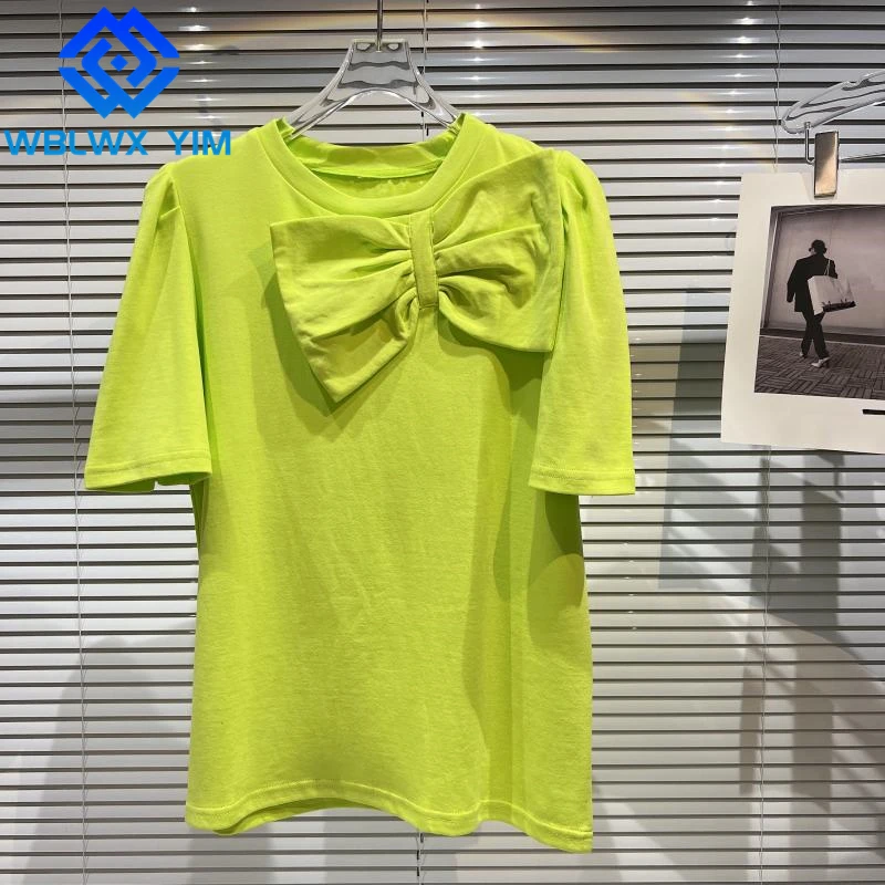 

Summer Tshirt Women O-Neck Short Sleeve Fashion Bow Decorate T Shirt Solid Tees Female 100% Cotton T-shirt Loose Casual Tops