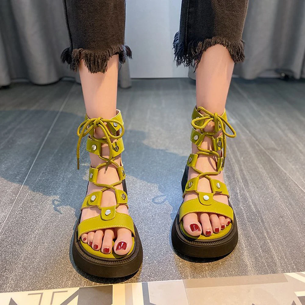 

2022 Summer Women Sandals Cow Leather Gladiator Lace-up Shoes Women Casual Solid Round Toe Flat Platform Cover Heel Sandals New