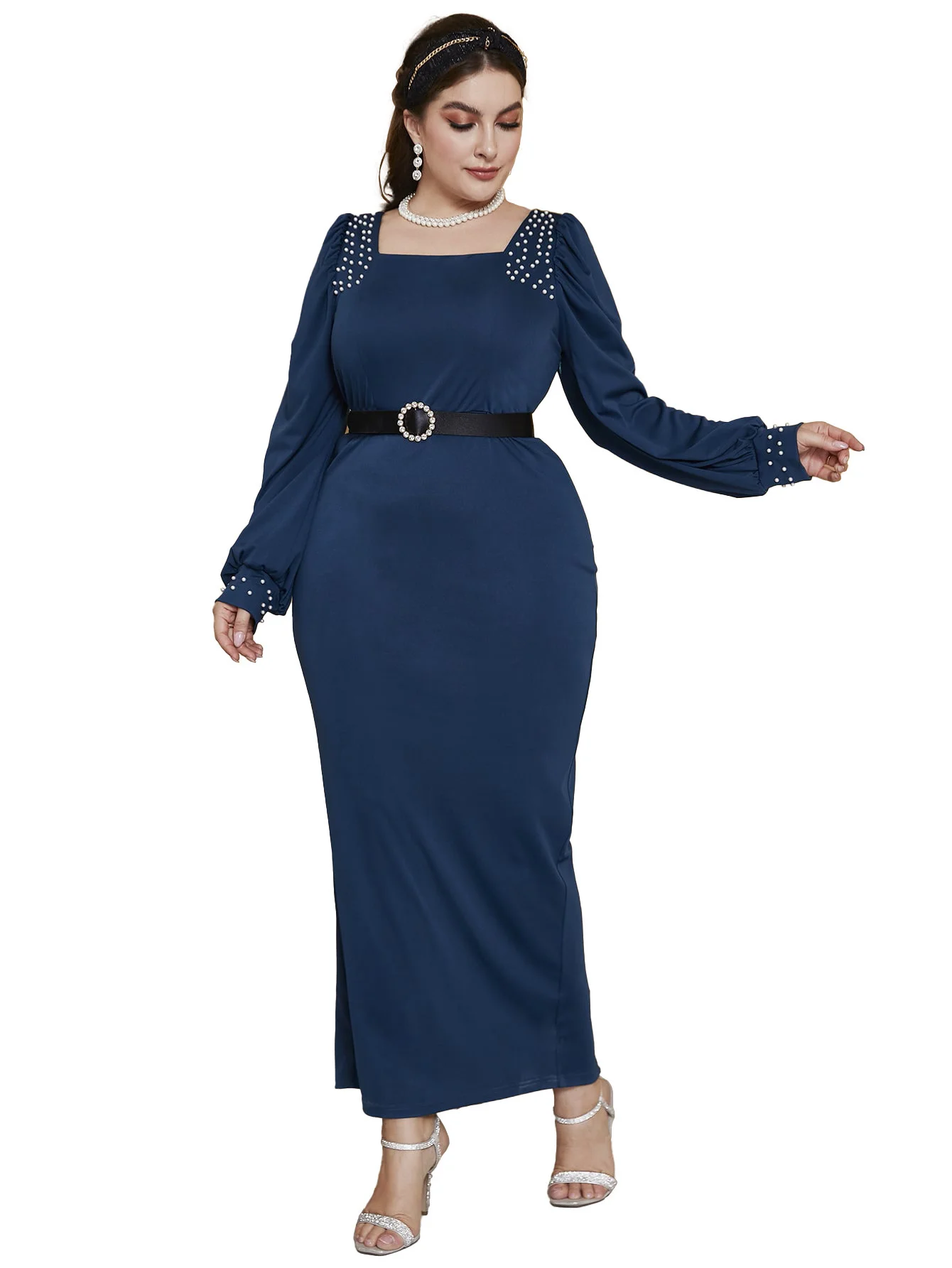 Plus Size Women Dress Elegant Autumn Winter Skinny Square Neck Long Sleeve Dress with Pearls Solid Party Dress Large Size Women