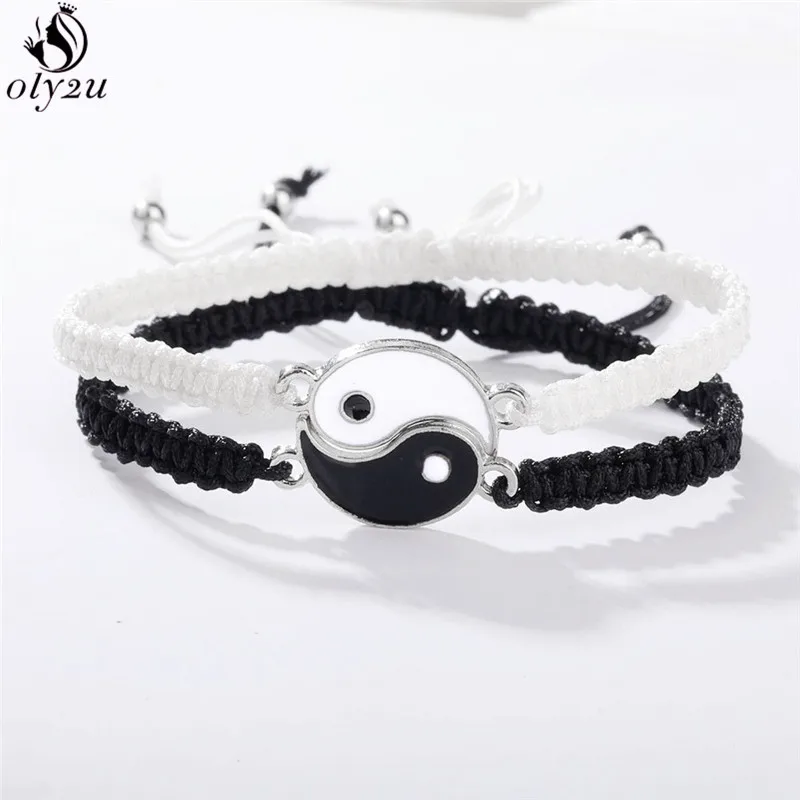 

2Pcs Tai Chi Yin Yang Couple Bracelets Round Pendant Adjustable Braid Chain Bracelet Bangle Matching Lover Bracelets Friendship