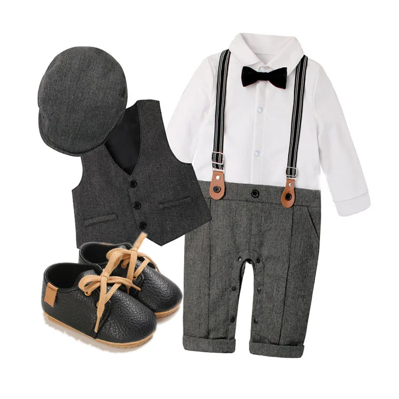 Gentleman Boys Clothes Set Baby  New Born Toddler  Bow Tie Onesies for  Boy with Vest Formal Wedding Outfit
