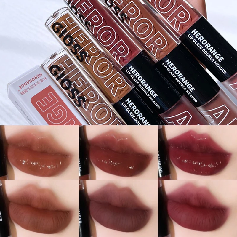 

Double-ended Lip Glaze Matte Velvet Nude Brown Liquid Lipstick Nourishing Mirror Black Tea Brown Lip Gloss Lasting Lip Makeup