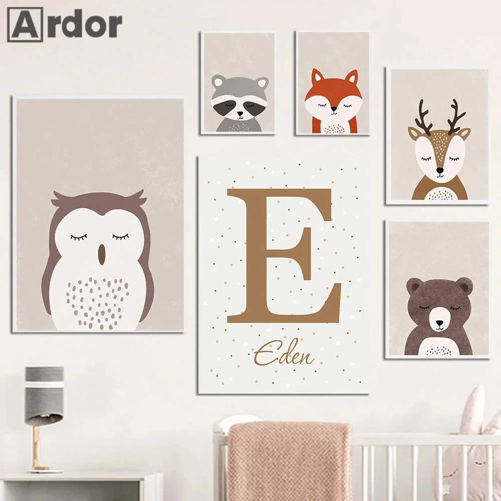 

Woodland Animals Canvas Print Owl Deer Bear Posters Custom Name Art Poster Nursery Painting Nordic Wall Pictures Kids Room Decor