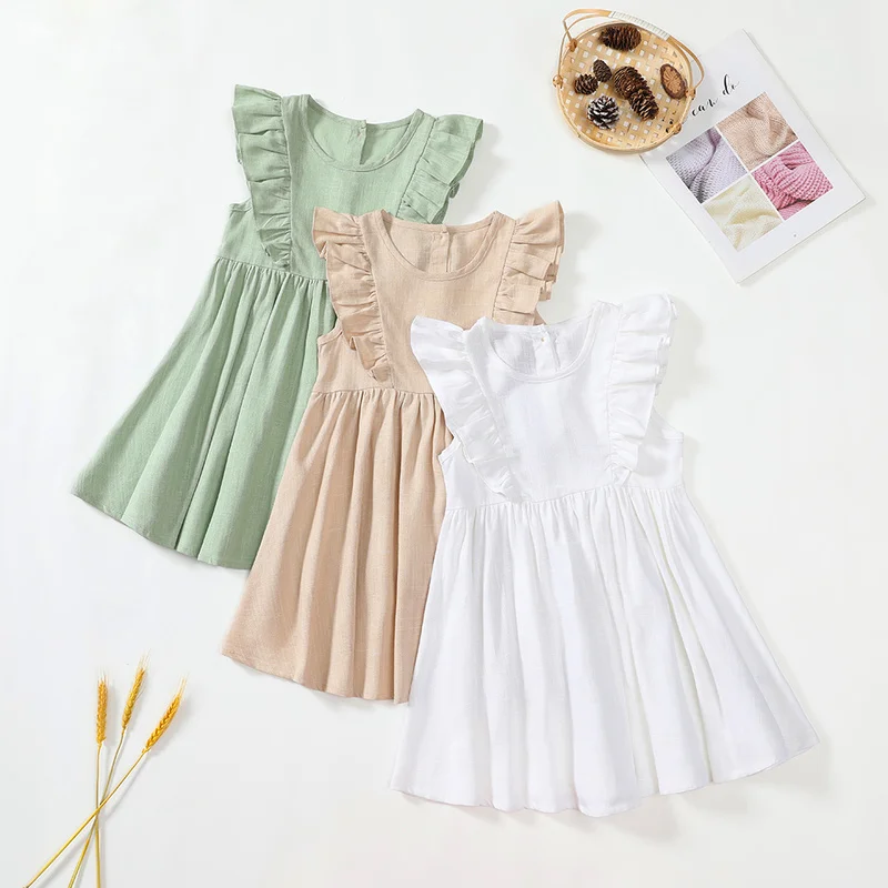 

Платья для маленьких девочек, детское платье из хлопка и льна с оборками и короткими рукавами, праздвечерние чное платье для маленьких дево...