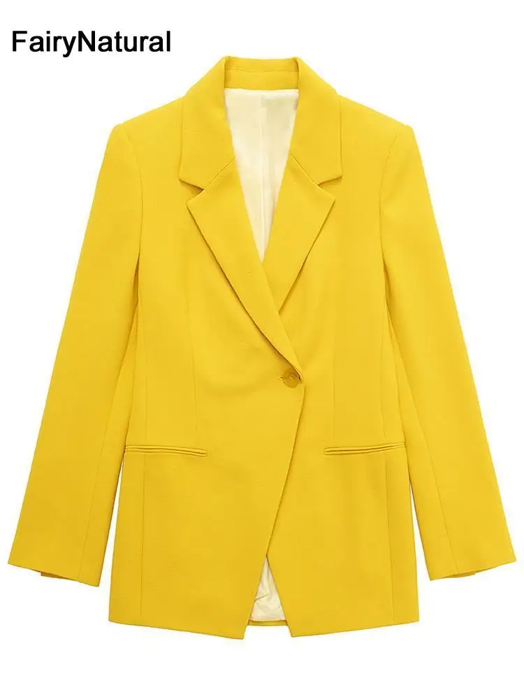 Модный женский желтый Блейзер FairyNatural рабочие костюмы винтажное пальто с