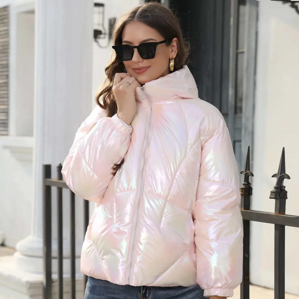 

Winter Jacket Women Fashion Shiny Cotton Jacket Hooded Bread Jacket Warm Cotton Jacket