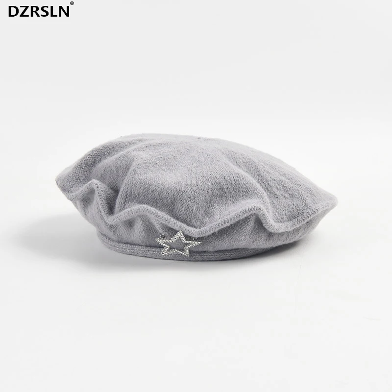 

Модный серый вязаный берет с металлическими звездами для женщин, осенне-зимняя теплая разноцветная художественная Складная шапка