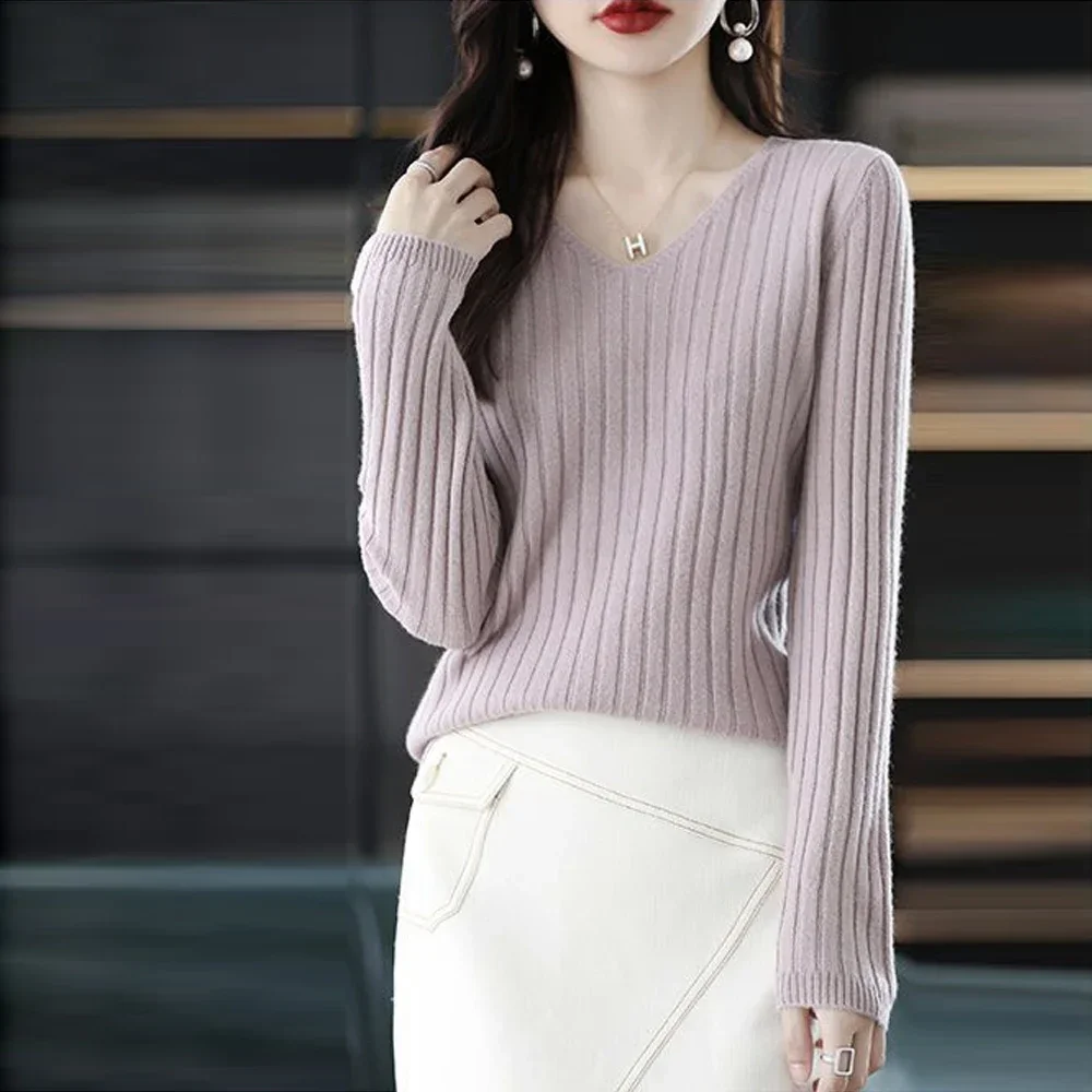 Эластичный вязаный свитер с v-образным вырезом и длинными рукавами для девочек