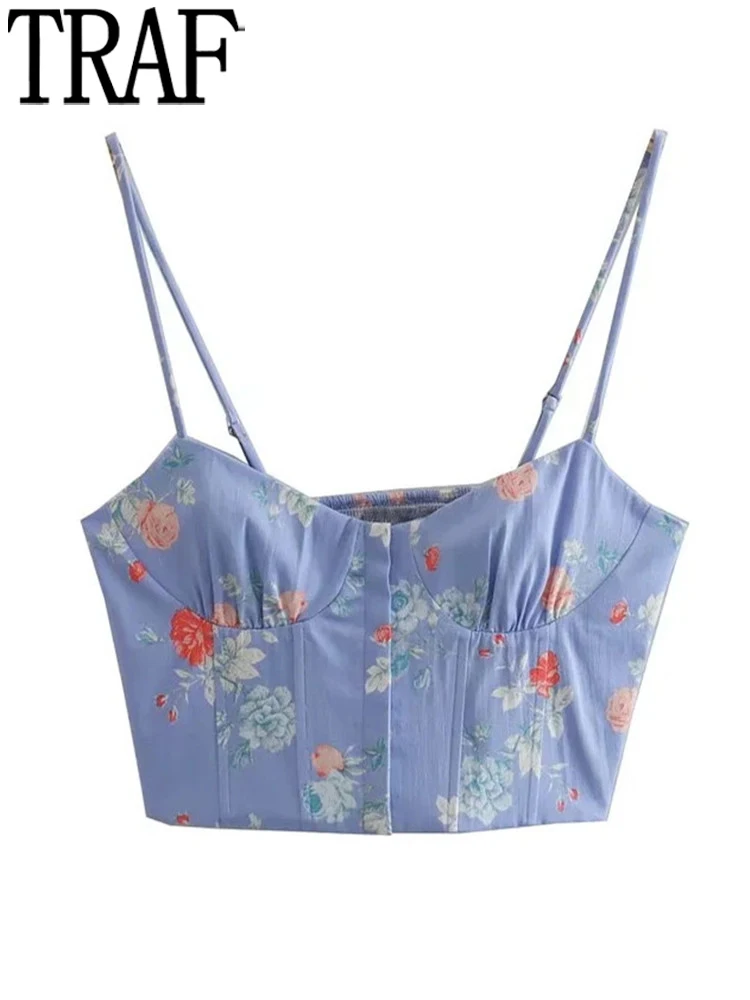 

TRAF Blue Corset Top Female Floral Crop Top Woman Vintage Corset Tops Y2k V Neck Sleeveless Sexy Tops Women 2022 Tanks Camis