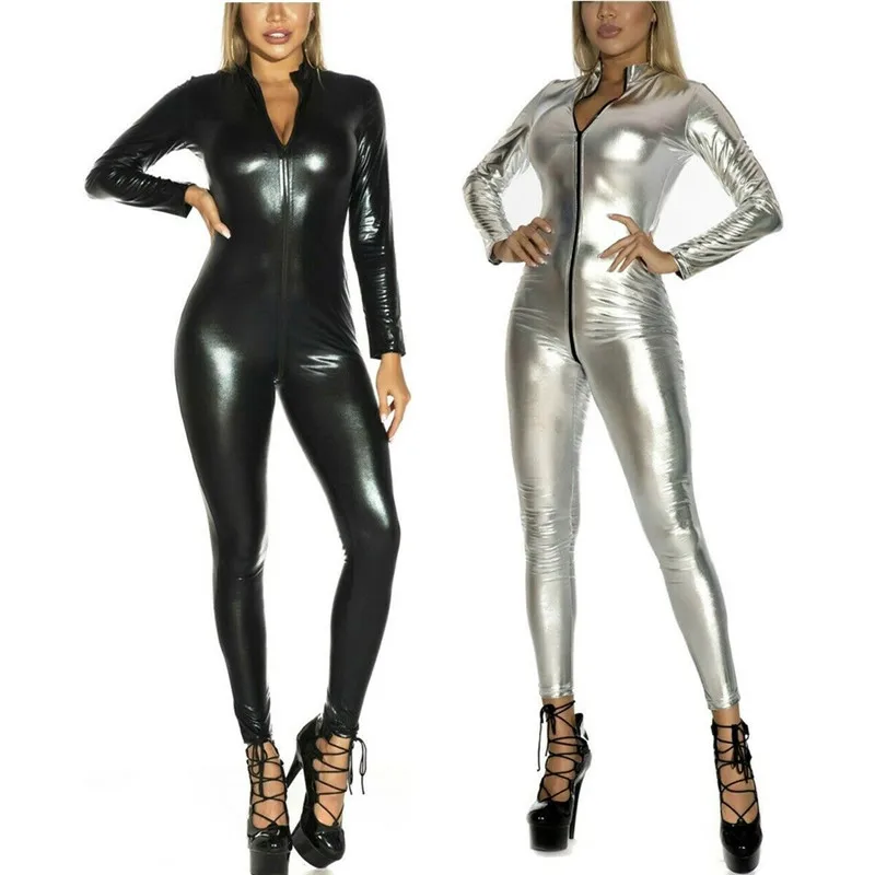 Women PVC Leather Sexy Zipper Bodysuit Catsuit Overalls Zip Open Crotch Leotard Leggings Ladies Skinny Bodysuit Nightclub