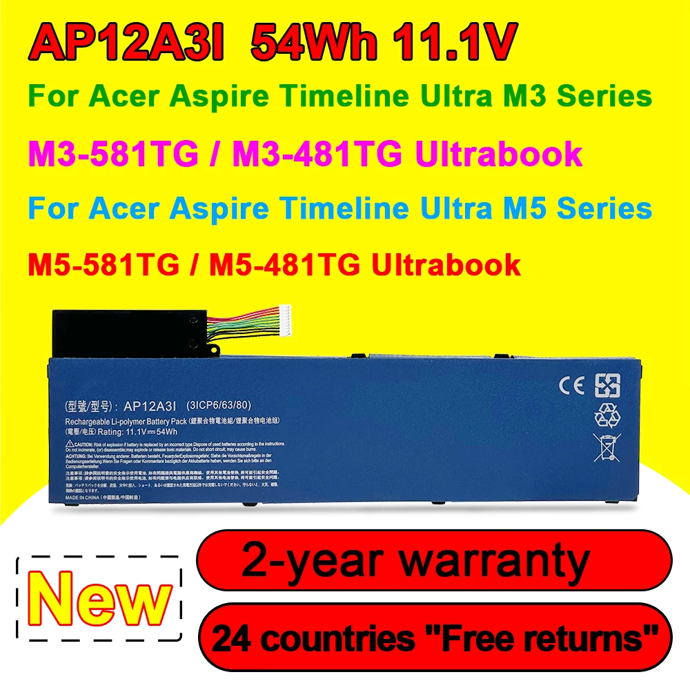 Аккумулятор AP12A3I для ноутбука Acer Aspire Timeline Ultra M3 M5 M3-581TG M3-481TG AP12A31 3ICP6/63/80 11,1 V 54Wh