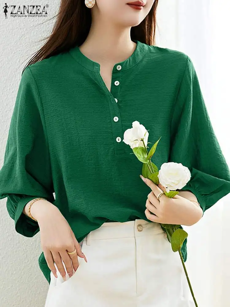 

ZANZEA Autumn Fashion Street Blouse Woman Casual Puff Sleeve O-Neck Tops Female Solid Color OL Work Shirt Casual Loose Blusas