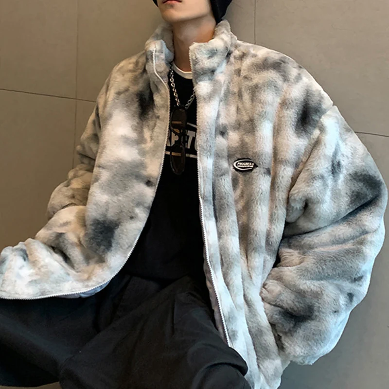 Dye Heart Fuzzy Jackets Warm Coats  Casual Zipper Coats Hip Hop Winter Faux Fur Fleece Jacket Streetwear Men Harajuku Tie