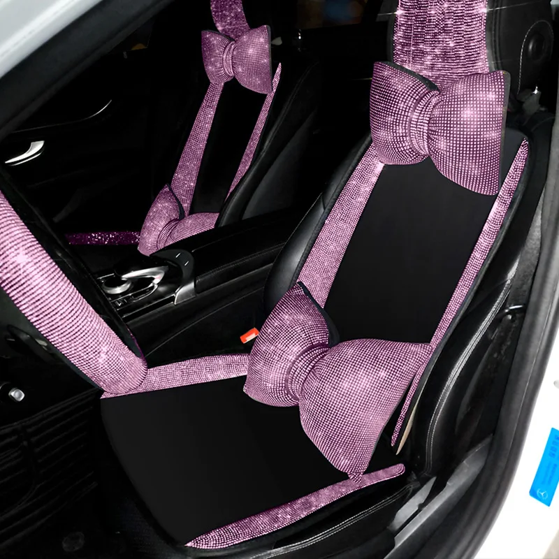 Seat Covers for Cars for Women Pink Sparkly Full Set Cute Glitter Rhinestone Accessories Front / Back Universal Interior Decor