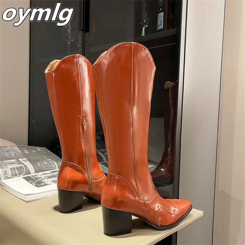 Осень/Зима 2023 длинные ковбойские ботинки с V-образным вырезом женские на толстом