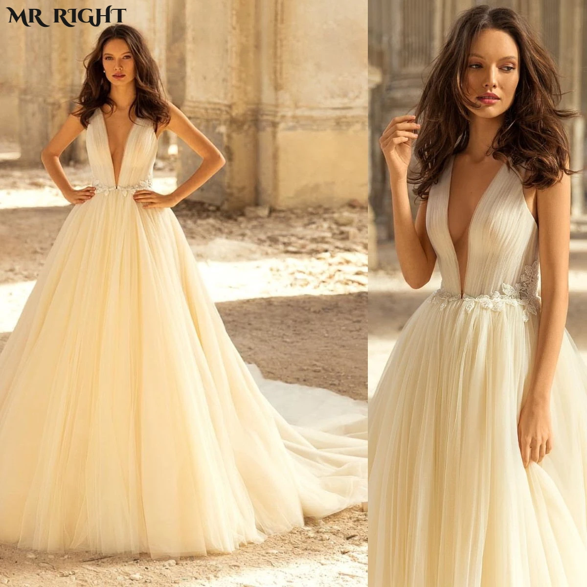 

Boho Tulle Civil Wedding Dress for Woman V-neck Beach A-Line Bride Gown Applique Backless Bridal Party Robe Vestido De Novia