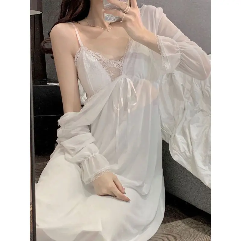 

Женская пикантная кружевная шифоновая ночная рубашка, новая ночная рубашка с длинным рукавом, свободное белое домашнее платье большого раз...