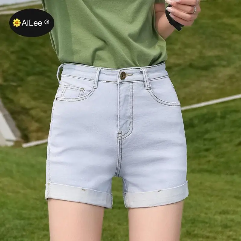 Summer women fashion straight high waist hell rolled up denim shorts female trendy skinny jean casual bottom student shorts