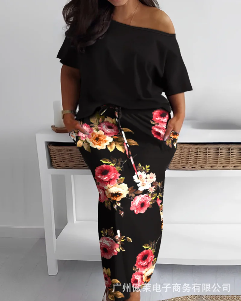 

Skew Neck T-shirt & Contrast Floral Print Skirt Set Women Spring Summer Clothes Suit Short Sleeve Top T Shirt High Waist Skirt