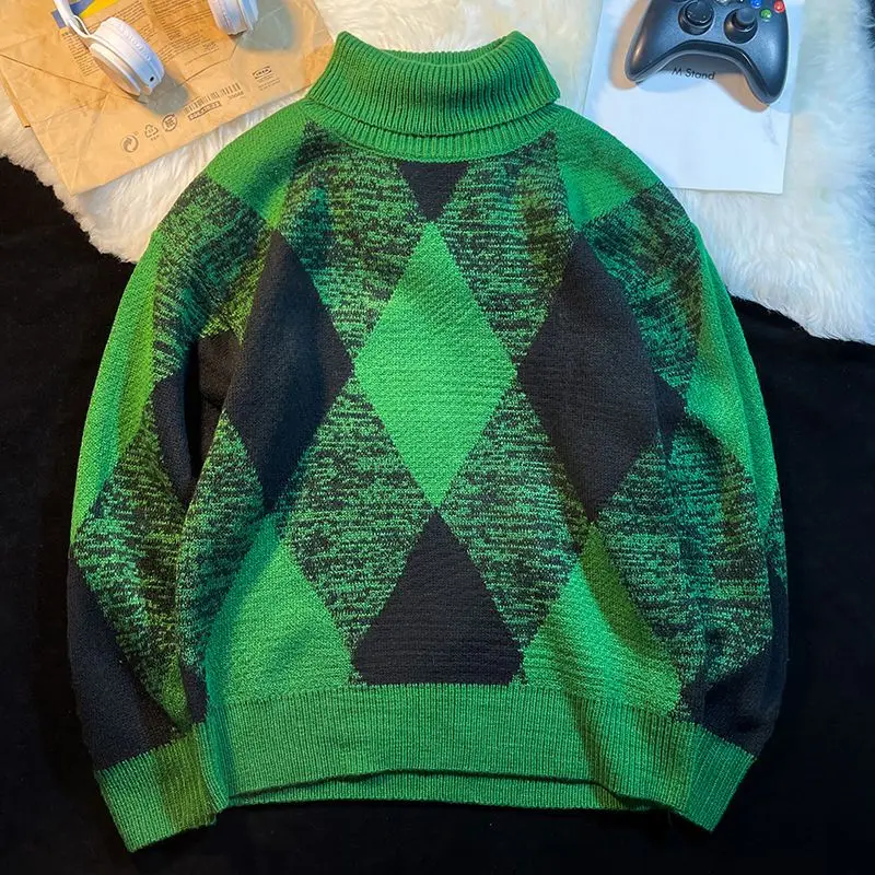 EBAIHUI Men's High Neck Sweater Loose Autumn Base Knitted Color Blocked Checkered Sweaters Long Sleeved Male's Pullover Tops