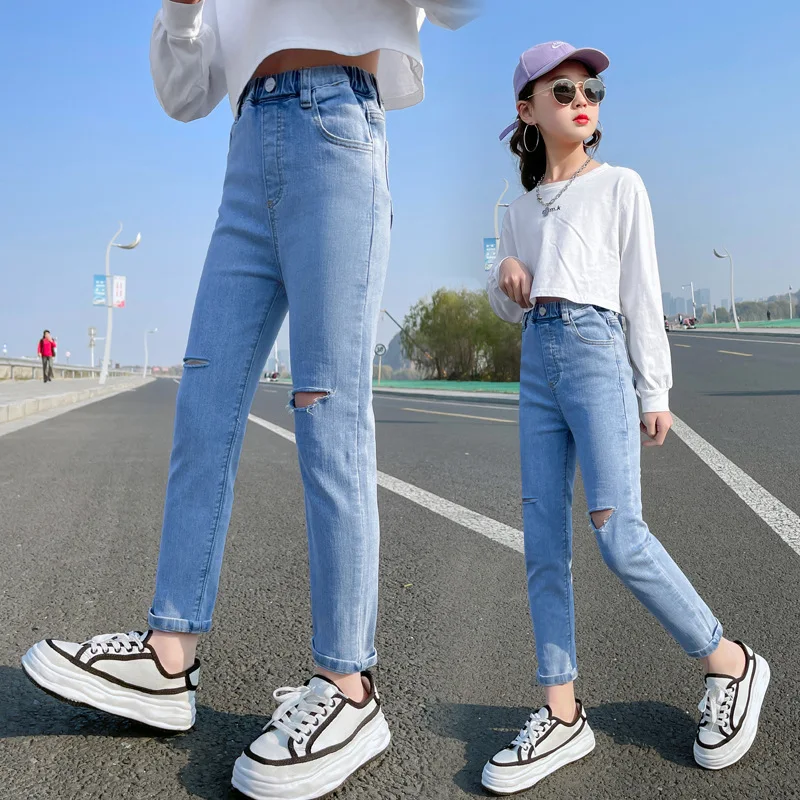 Джинсы для девочек-подростков 2022 модные длинные рваные брюки с высокой талией