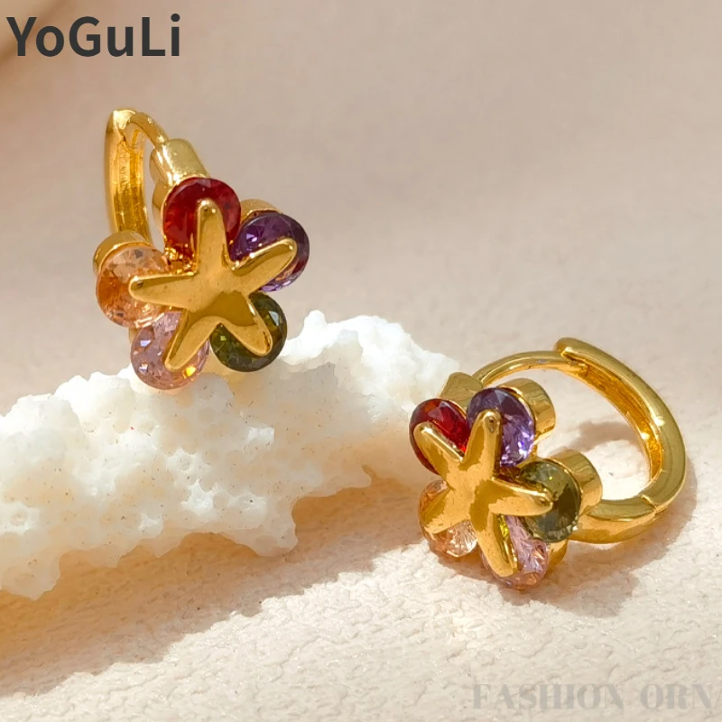 

Trendy Jewelry High Quality Copper Round Buckle Colorful Glass Flower Earrings For Girl Party Wedding Gift Sweet Korean Design