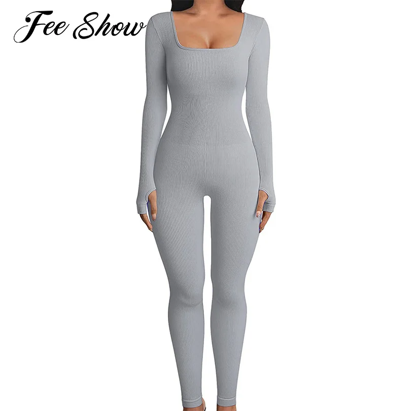 

Women Sheer Sport Jumpsuit Square Neck Low Cut Long Sleeve Bodysuit Bodycon Jumpsuit Sportswear for Sport Yoga Gymnastic Workout