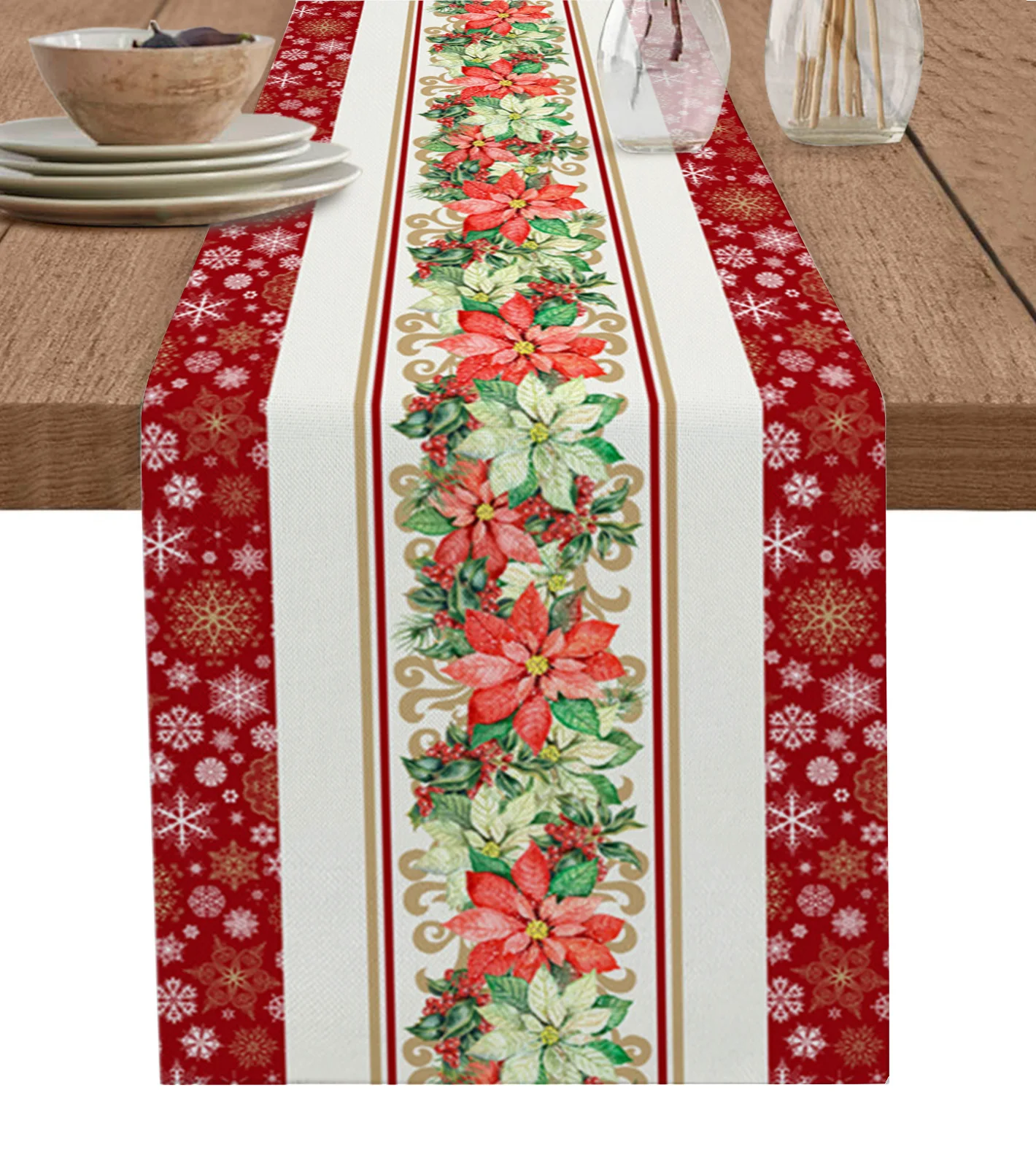 

Home Decor Table Runner Wedding Decoration Tablecloth Kitchen Table RunnersChristmas Poinsettia Snowflakes