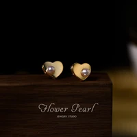 classic gold color heart shape stud earrings inlay white pearl elegant earrings bridal jewelry for women female