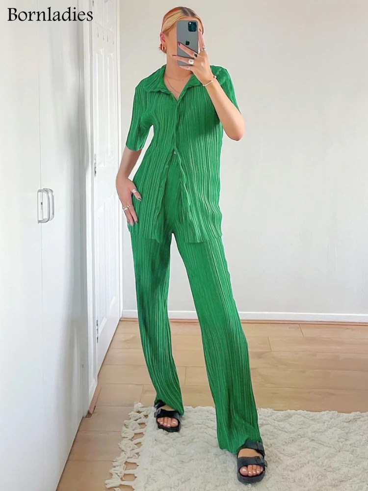 

Bornladies Street Pleated Pantsuits Stretch Lapel Button Long Tee Chic Summer 2 Pieces Elastic Waist Straight Pants Women Suits