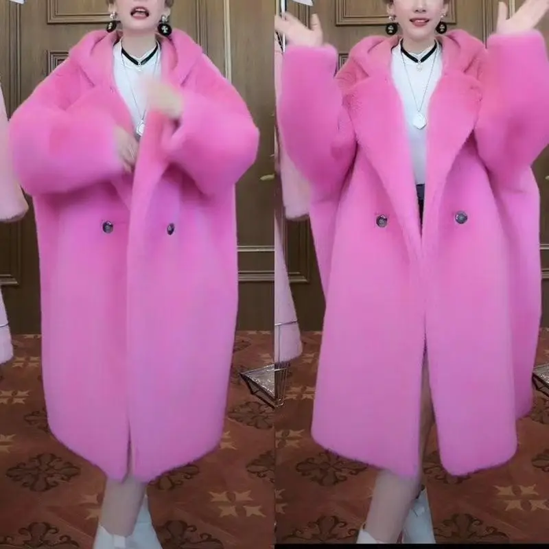 Зимнее длинное толстое теплое пушистое пальто из искусственного меха женское