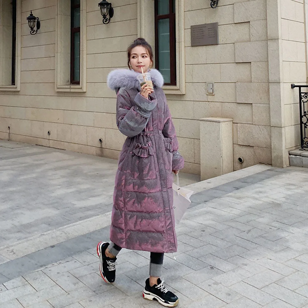 

Women Loose Cotton Padded Jacket Parkas Female Snow Outerwear Shiny Thicken Warm Hooded Fur Collar 2022