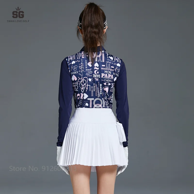 Swan Love Golf Women Shirt Summer Ice Silk Sunscreen Long Sleeve Printed T-shirt Pleated Skirt High Waist Skorts Clothing Sets