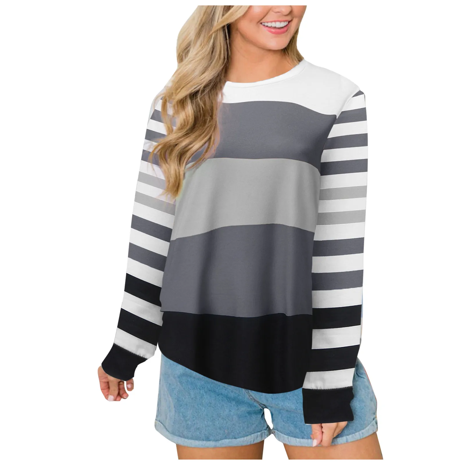 

Long-Sleeved Women's Matching Blouse Casual Striped Color Round-Neck Pullover Womens Fall Long Sleeve Shirts Large Floral