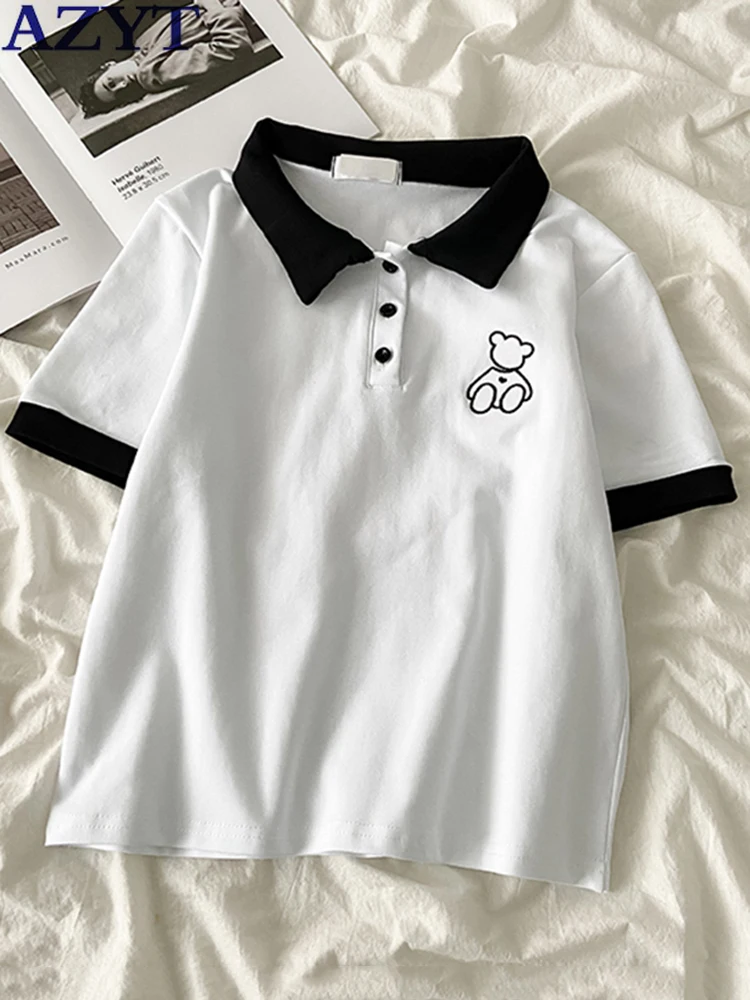 

AZYT Casual Turn Down Collar Women's T Shirt Cartoon Bear Embroidery Short Sleeve Tees Women 2022 Summer New Women T Shirt