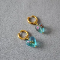 Gold Plated Handmade Earrings Unique Design  Vintage Flower Painted Glass Love Heart Drop Earrings